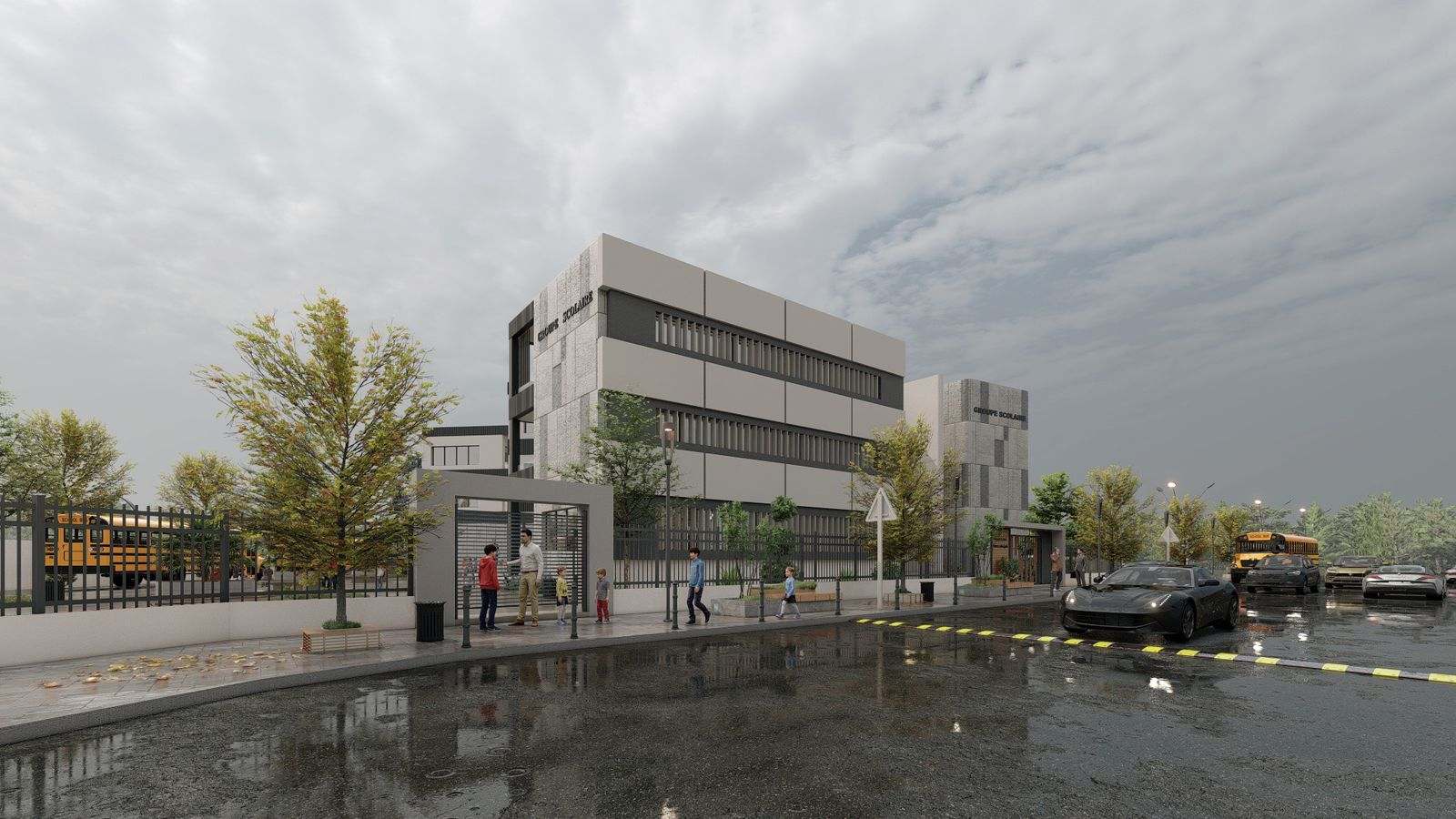 Vue d’architecte : l’accès piéton sur la rue, de jour, devant la grille du groupe scolaire.