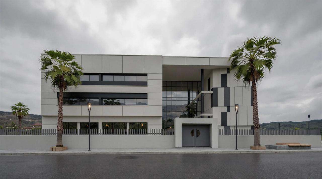 Vue d’architecte, autre série : la façade frontale, l’entrée sous l’avancée de toiture et deux palmiers.