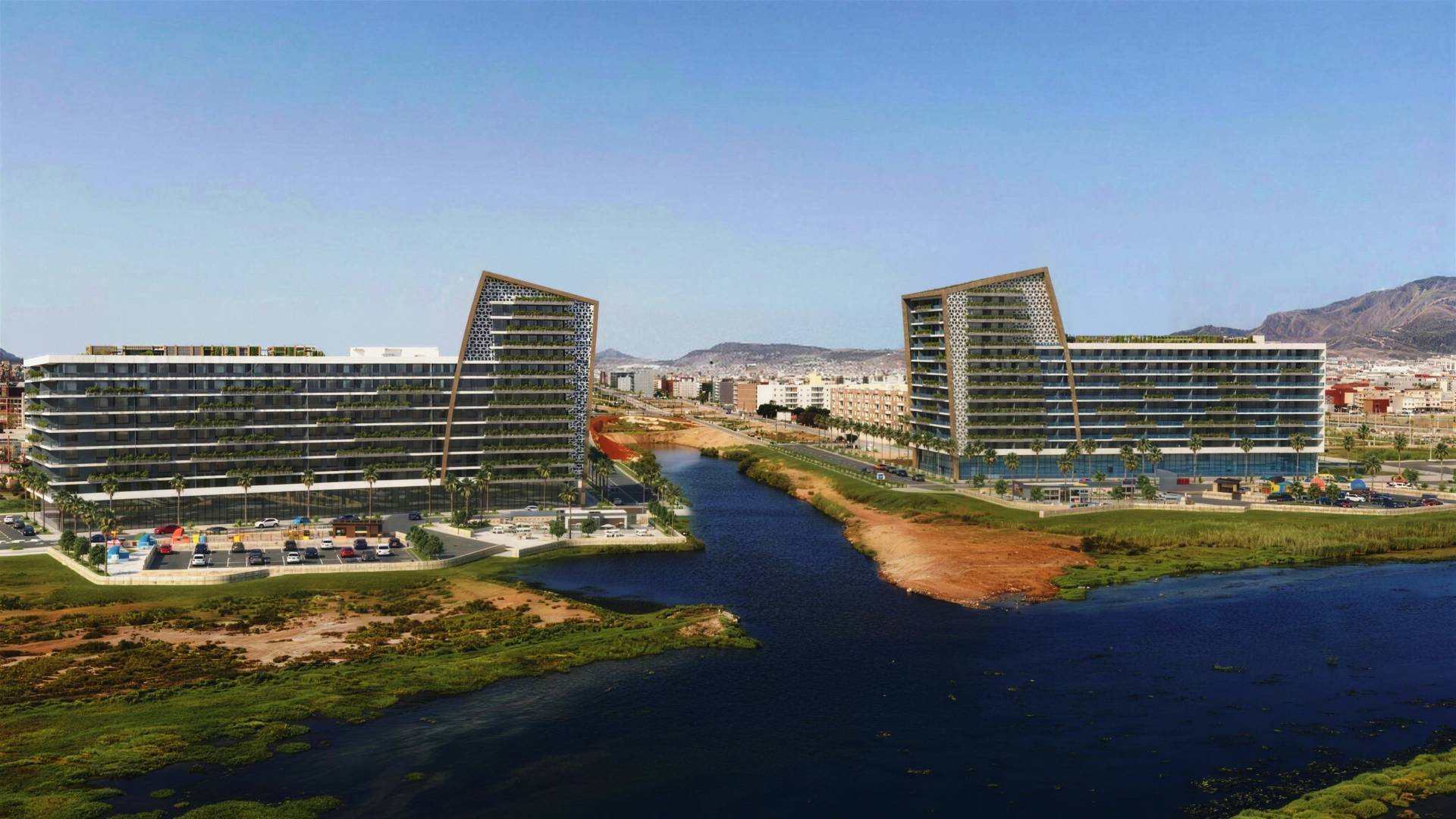 Les deux immeubles de Hay El Matar, de part et d’autre du canal, vus depuis la lagune de Nador — perspective d’architecte.